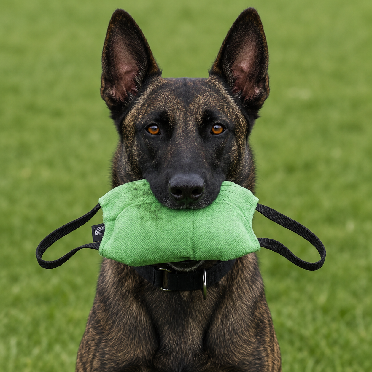 Dutch Shepherd gripping a green French linen bite pillow