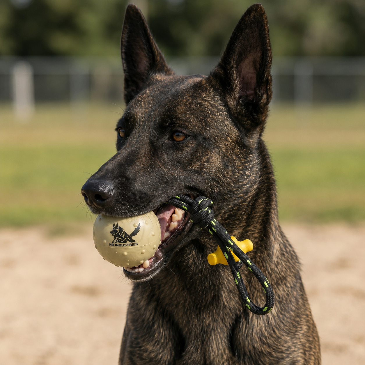 Dutch Shepherd with a K9 training ball on a rope