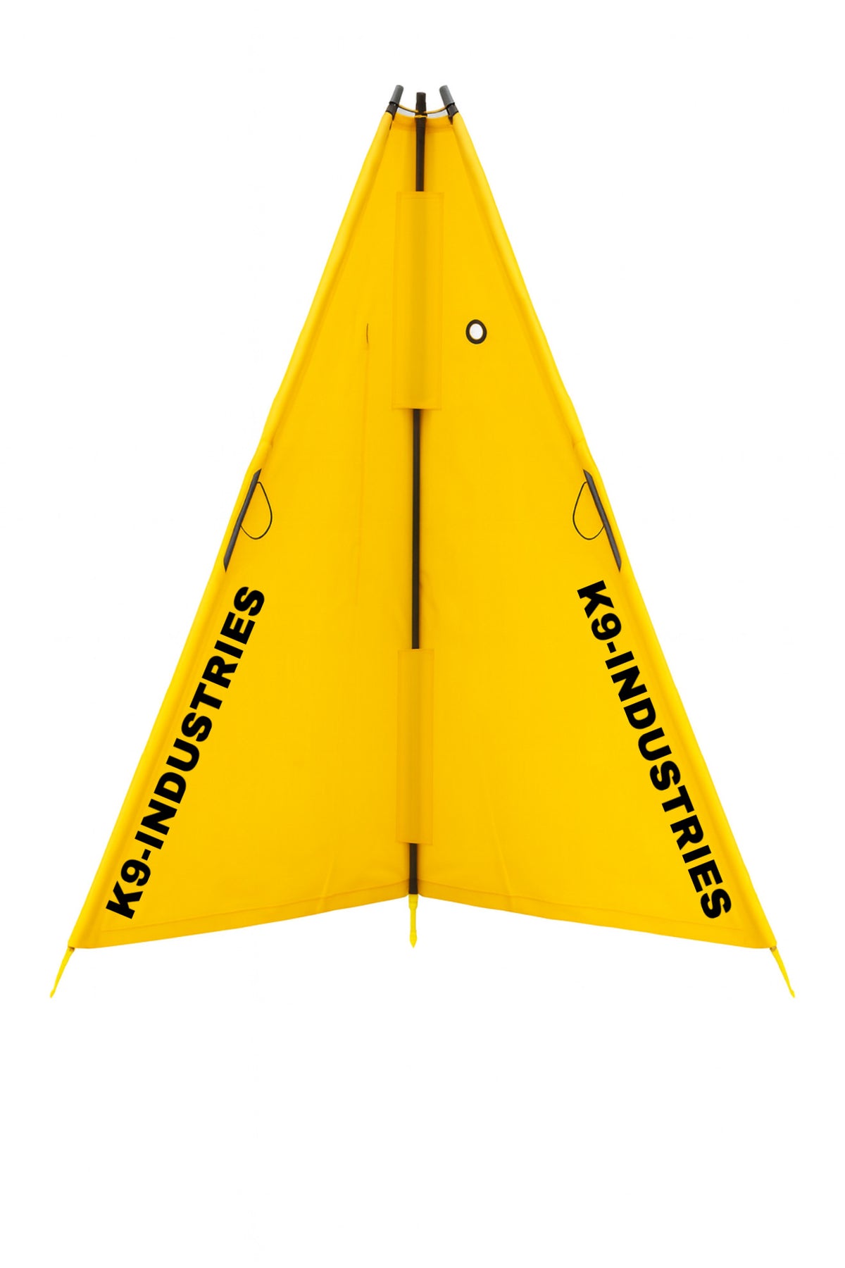 Rear of the yellow IGP blind showing the telescopic poles and pole sleeves