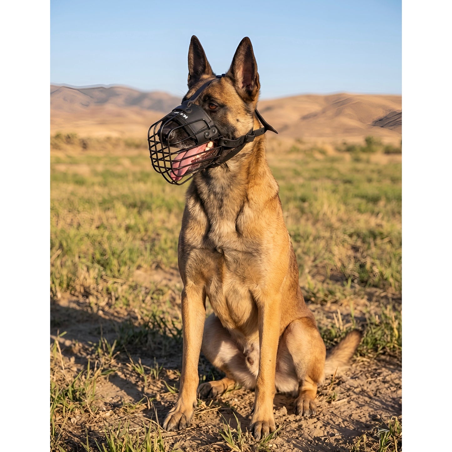 Belgian Malinois wearing a metal wire muzzle