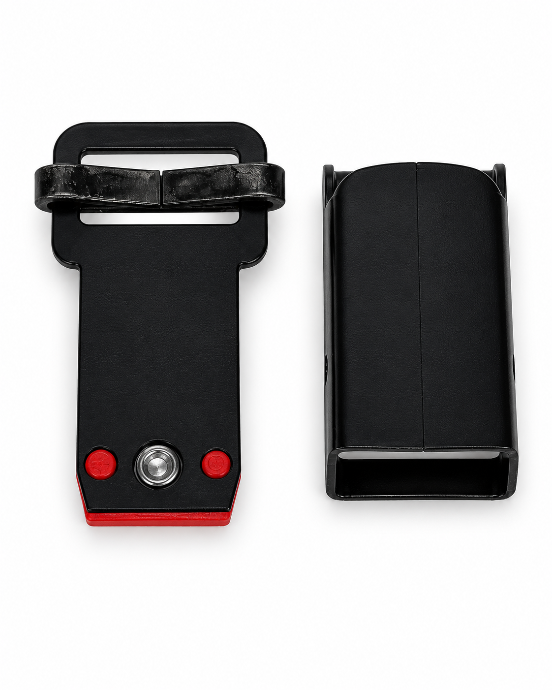 Bite suit quick-release buckle disassembled, rear view showing sliding bar and housing
