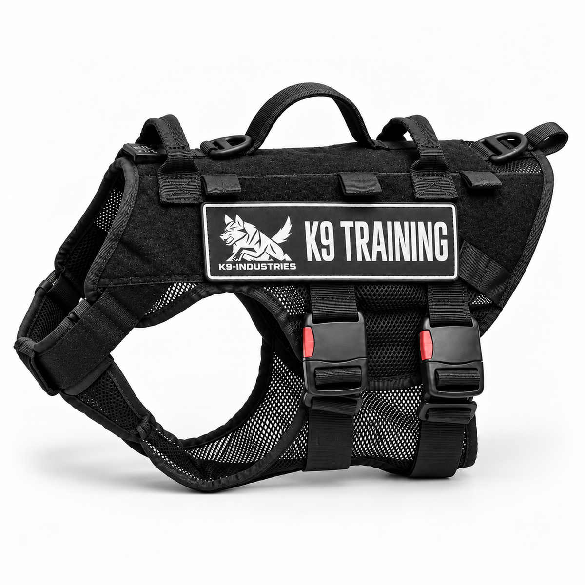 Side view of the K9-Industries black mesh tactical dog harness for working dogs and service dogs, with top handles and hook-and-loop patch panel