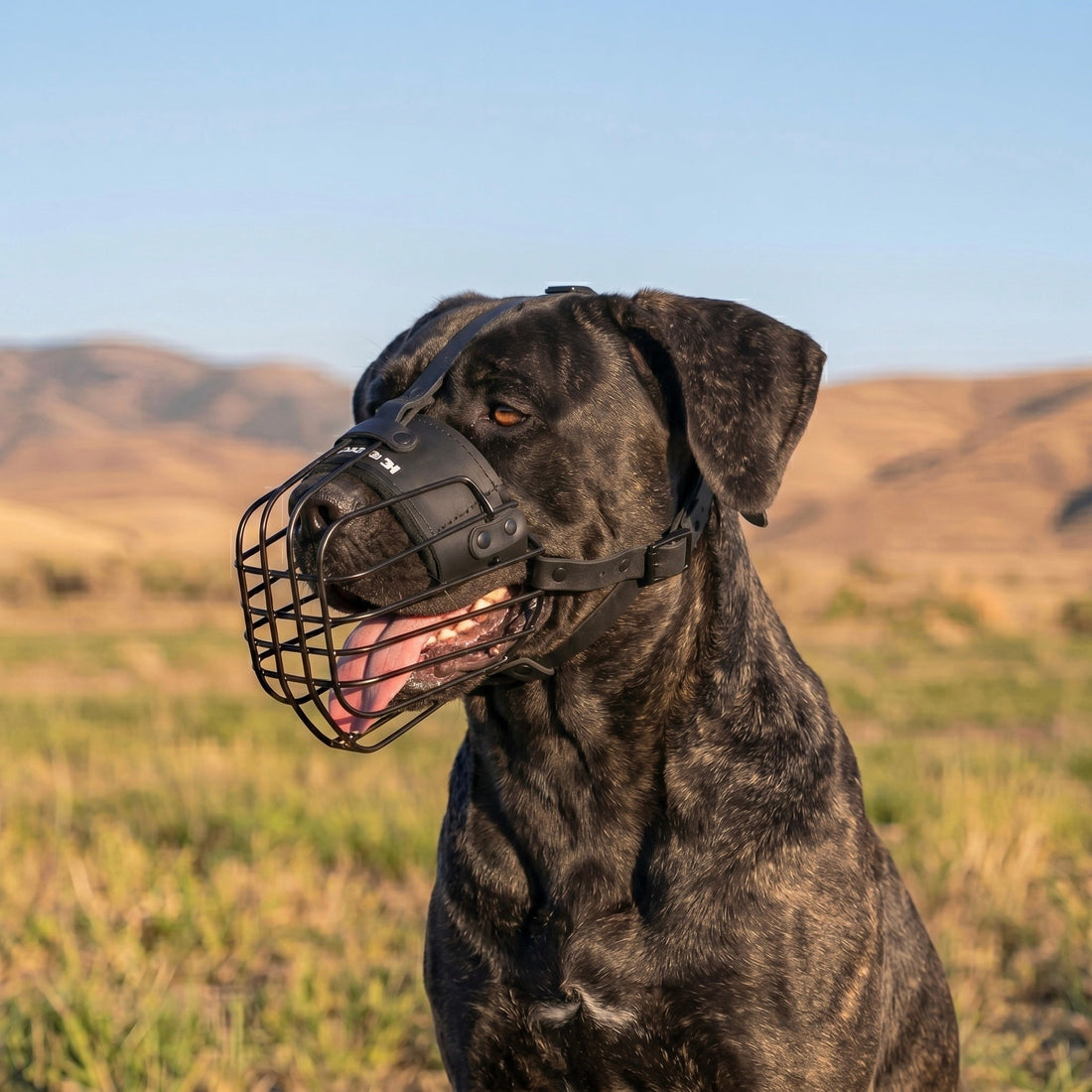 Brindle Cane Corso wearing a black 3D wire basket muzzle with leather straps, mouth open and panting