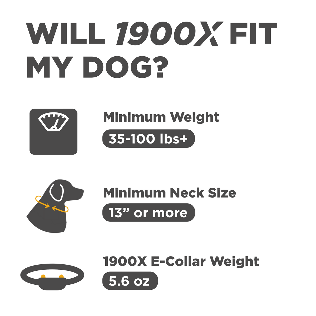 Dogtra 1900X fit guide: dogs 35-100 lbs+, neck 13 in+, collar weight 5.6 oz
