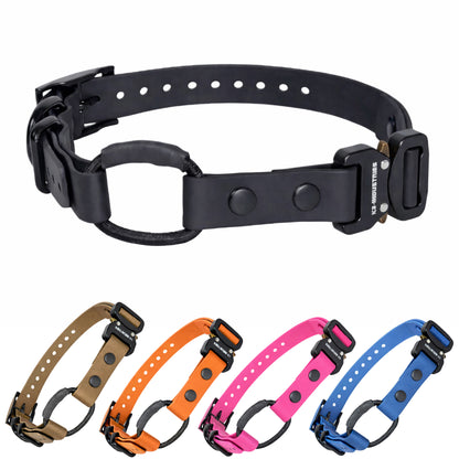 Black PowerFlex e-collar strap with bungee loop, shown with four more color options