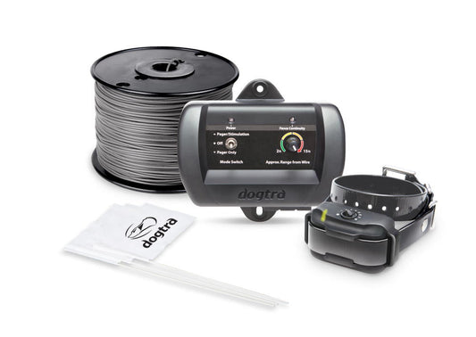 Dogtra E-Fence 3500 kit: wall-mounted transmitter, receiver collar, boundary wire and manuals