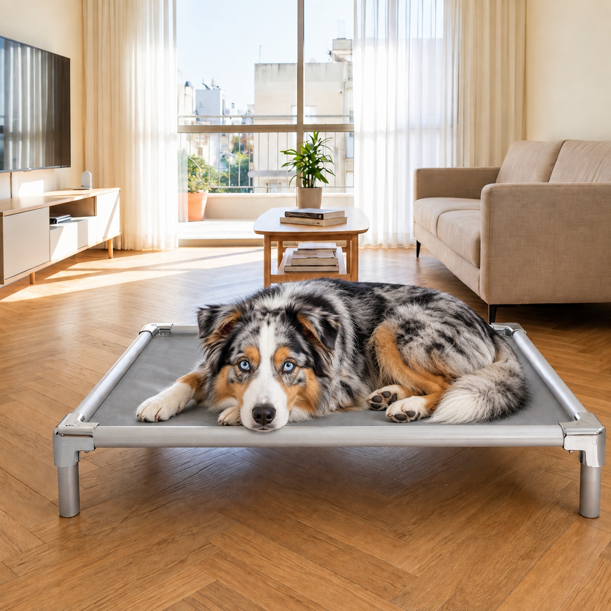 Australian Shepherd resting on an orthopedic elevated aluminum dog bed at home