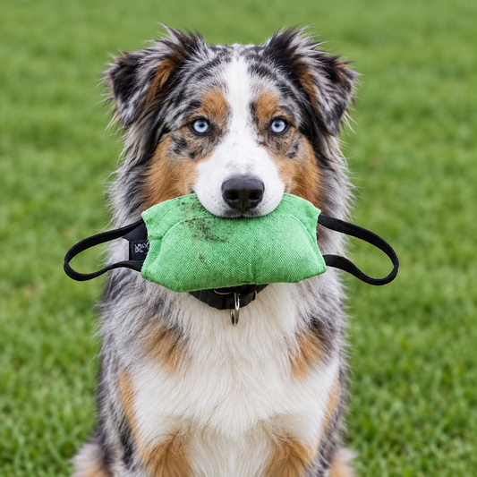 Australian Shepherd with a green professional bite pillow with two ergonomic handles