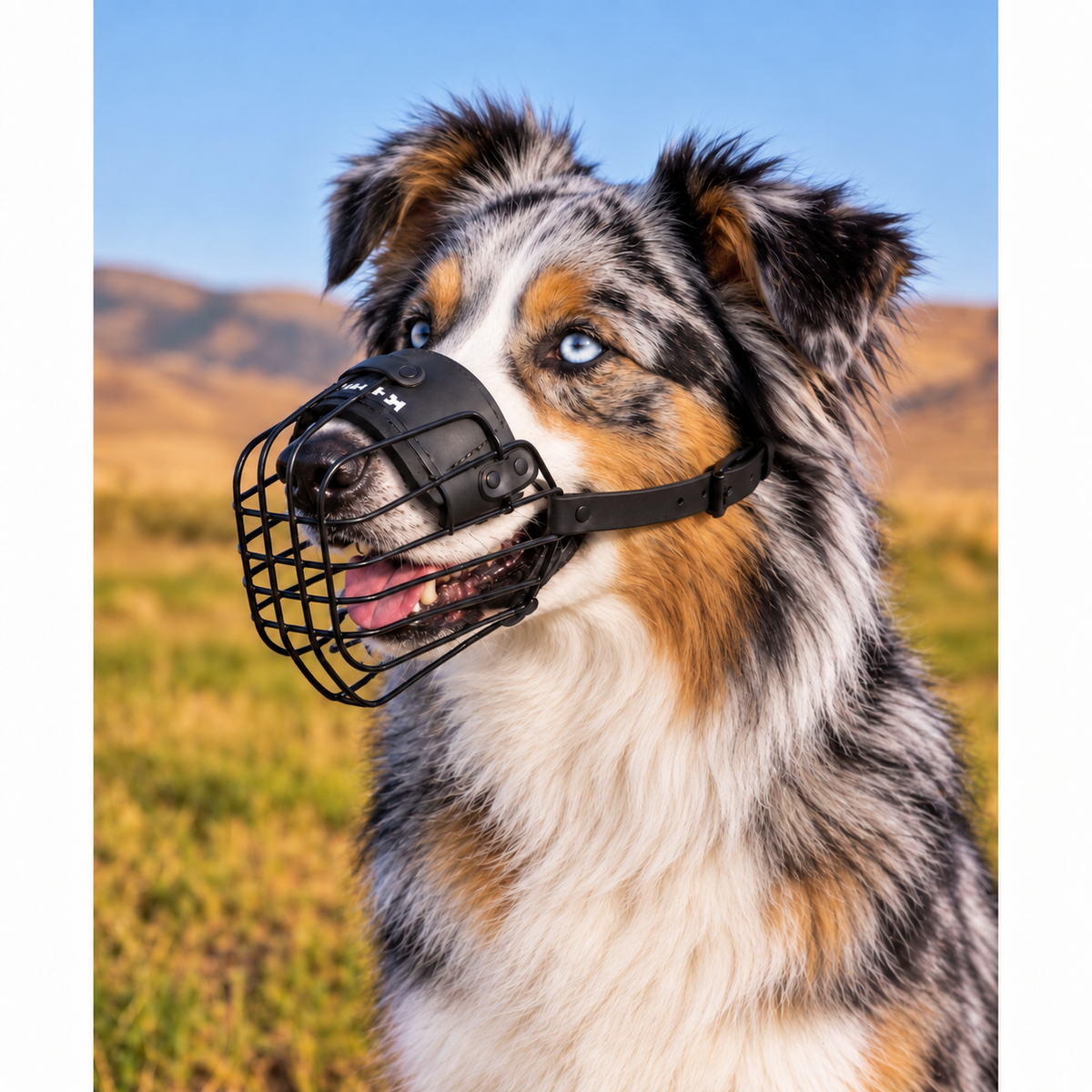 Australian Shepherd wearing a lightweight Lite wire muzzle - allows panting and drinking