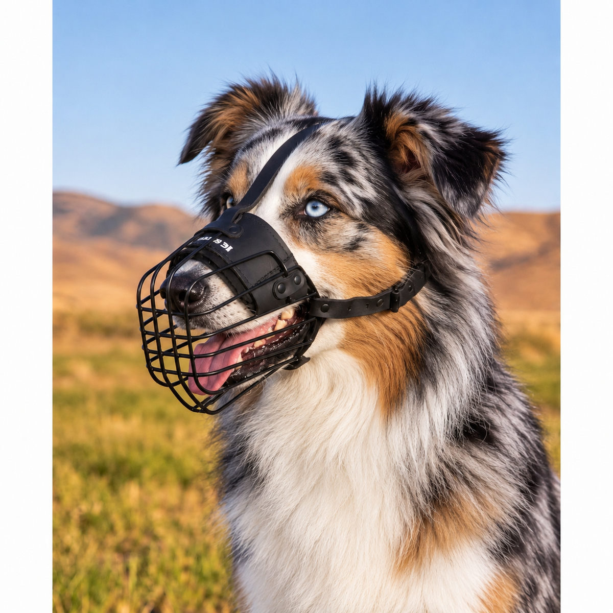 Australian Shepherd wearing an advanced 3D metal wire muzzle with padded leather straps