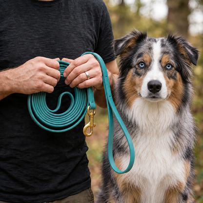 Australian Shepherd on a turquoise 180 cm waterproof PowerFlex leash