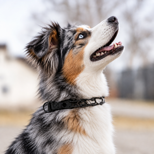 Australian Shepherd wearing a Herm Sprenger black stainless steel Click-Lock prong collar