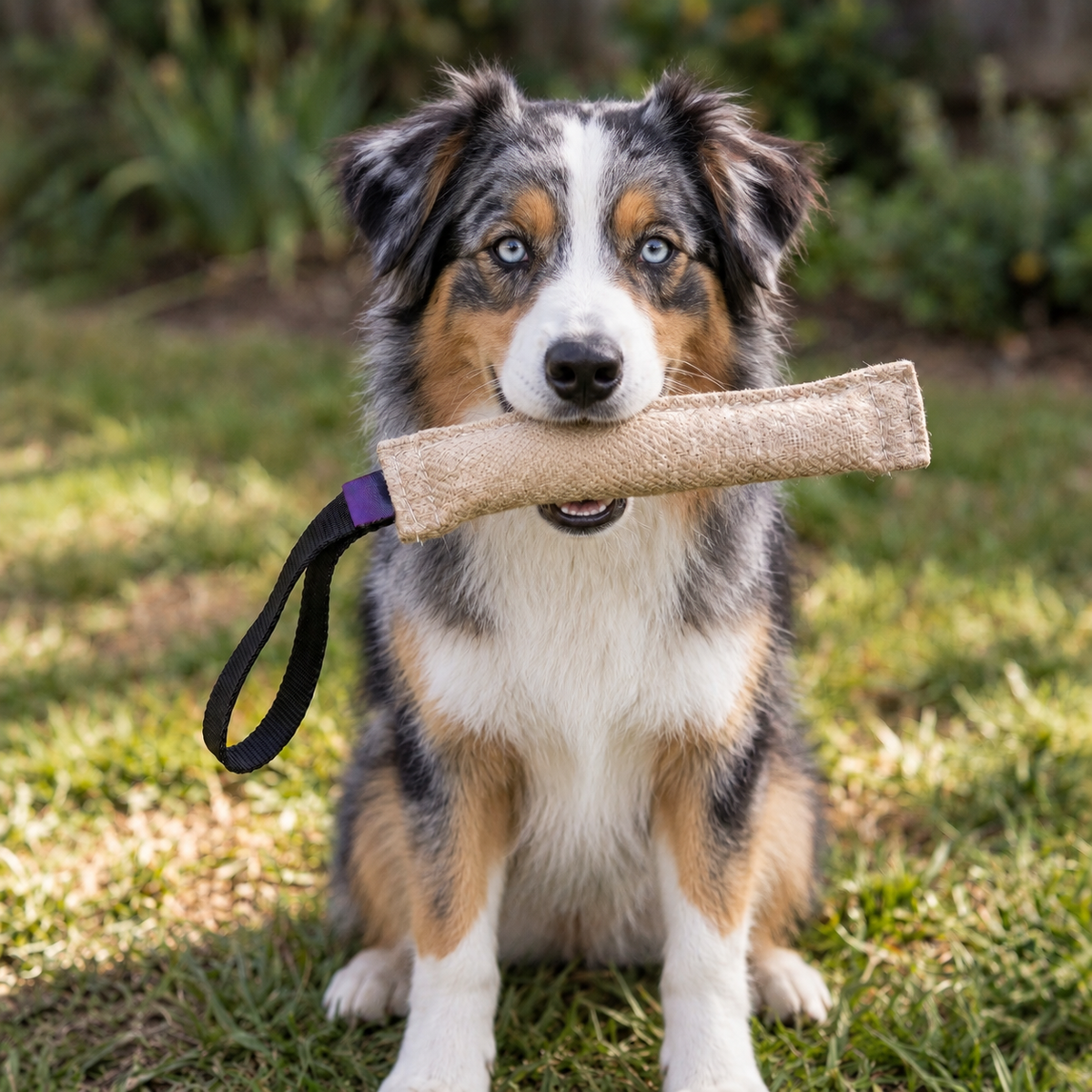 Australian Shepherd puppy playing with a jute bite tug - natural fiber for developing teeth