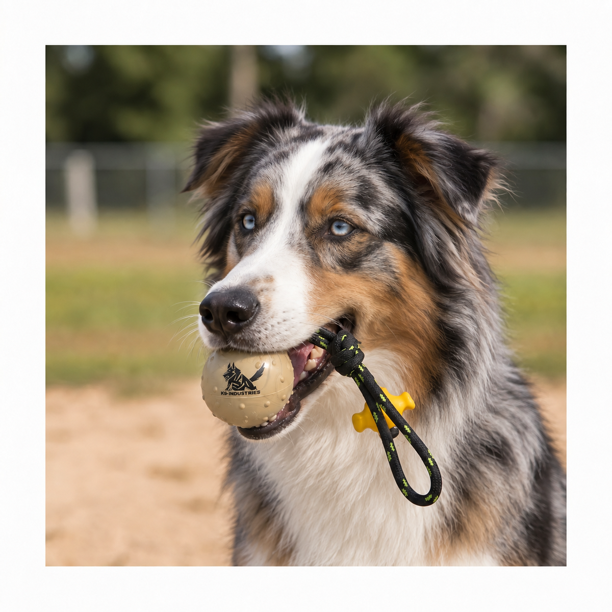 Australian Shepherd with a solid rubber ball on a rope - floats for water fetch