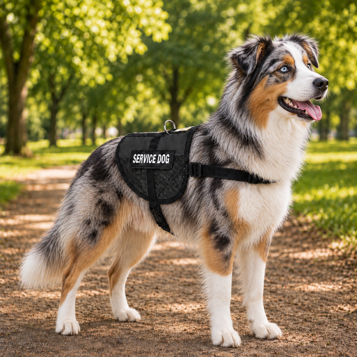 Australian Shepherd wearing a black service dog vest - breathable mesh marking harness