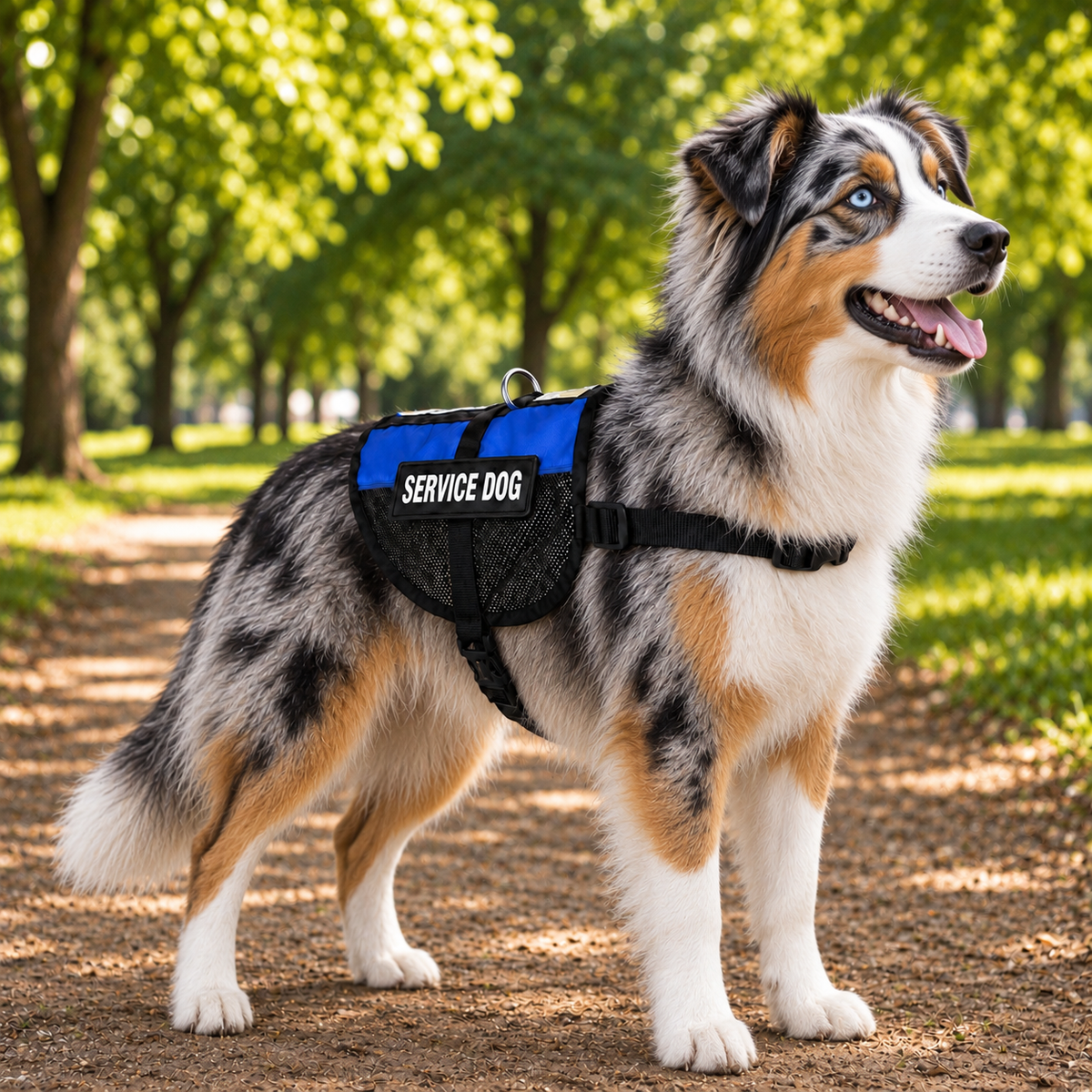 Australian Shepherd wearing a blue service dog vest with removable patches