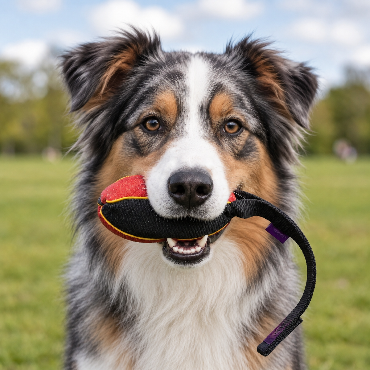 Australian Shepherd with a French linen watermelon bite tug for tug and teamwork