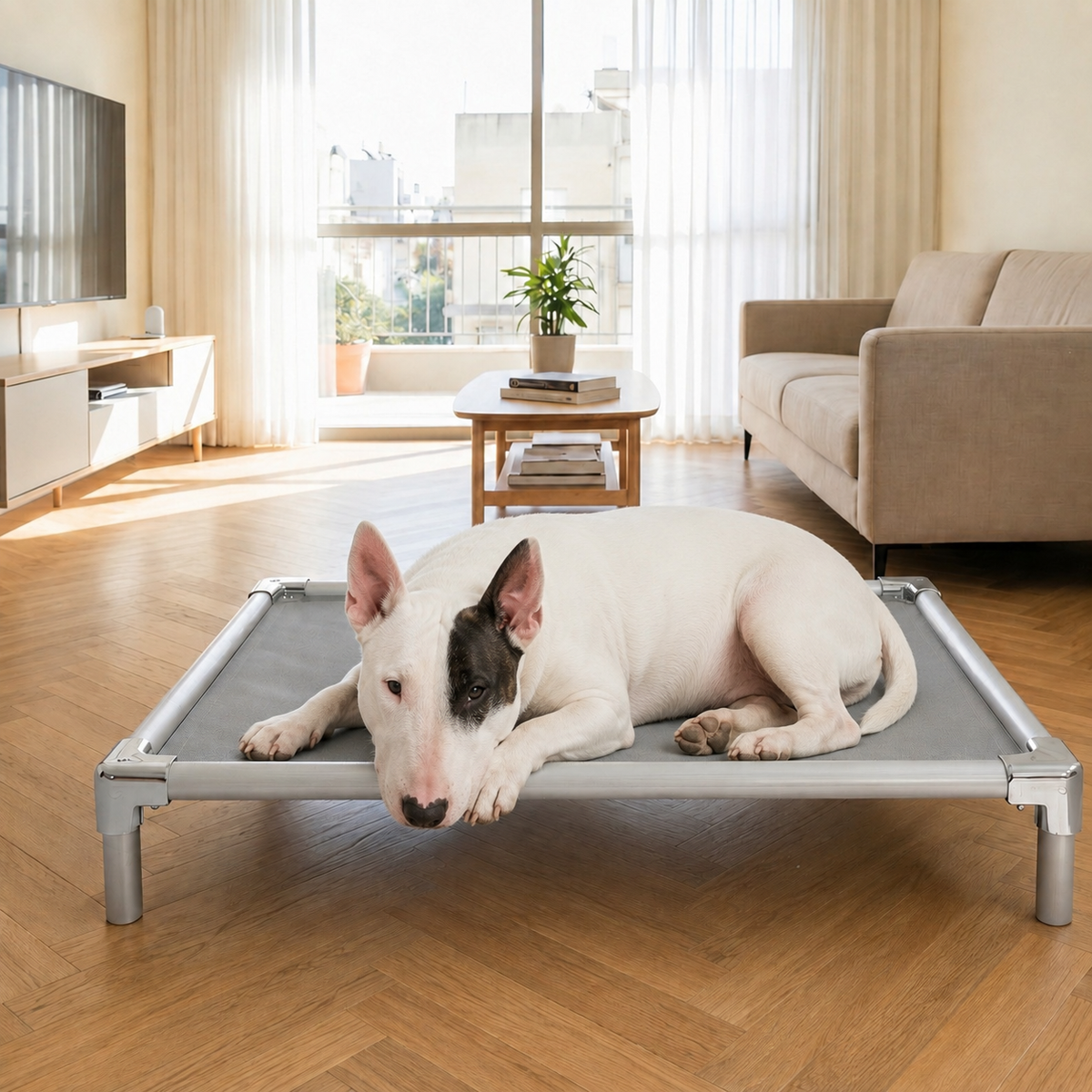 Bull Terrier resting on an orthopedic elevated aluminum dog bed at home