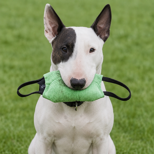Bull Terrier with a professional bite pillow