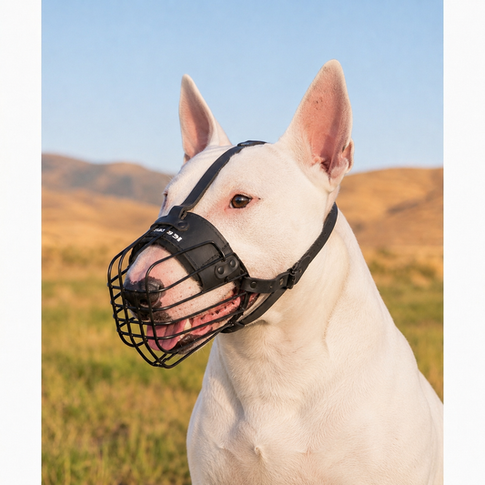 Bull Terrier wearing an advanced 3D metal wire muzzle