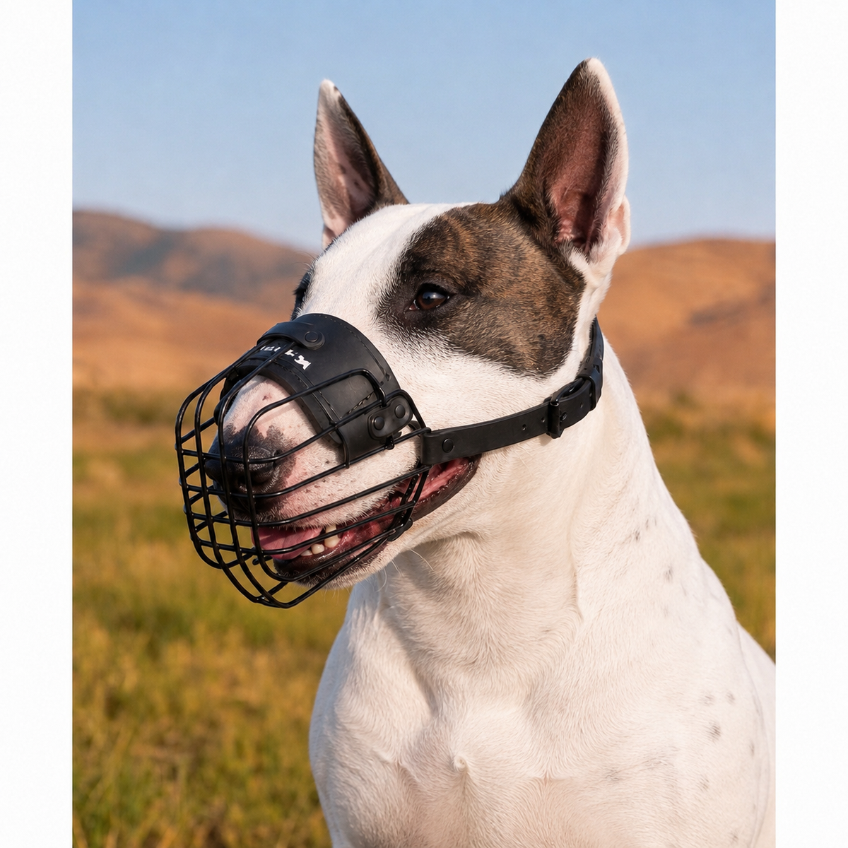 Bull Terrier wearing a lightweight Lite wire muzzle