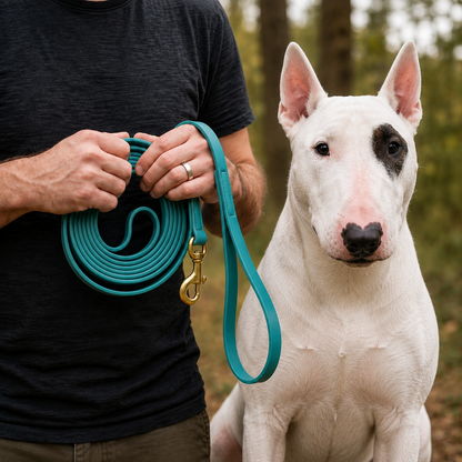 Bull Terrier on a turquoise 180 cm PowerFlex leash
