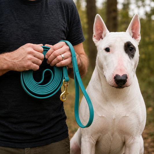Bull Terrier on a turquoise 180 cm PowerFlex leash