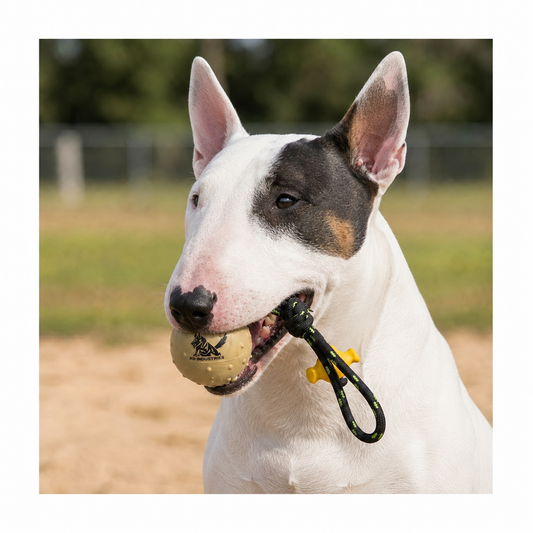 Bull Terrier with a solid rubber ball on a rope
