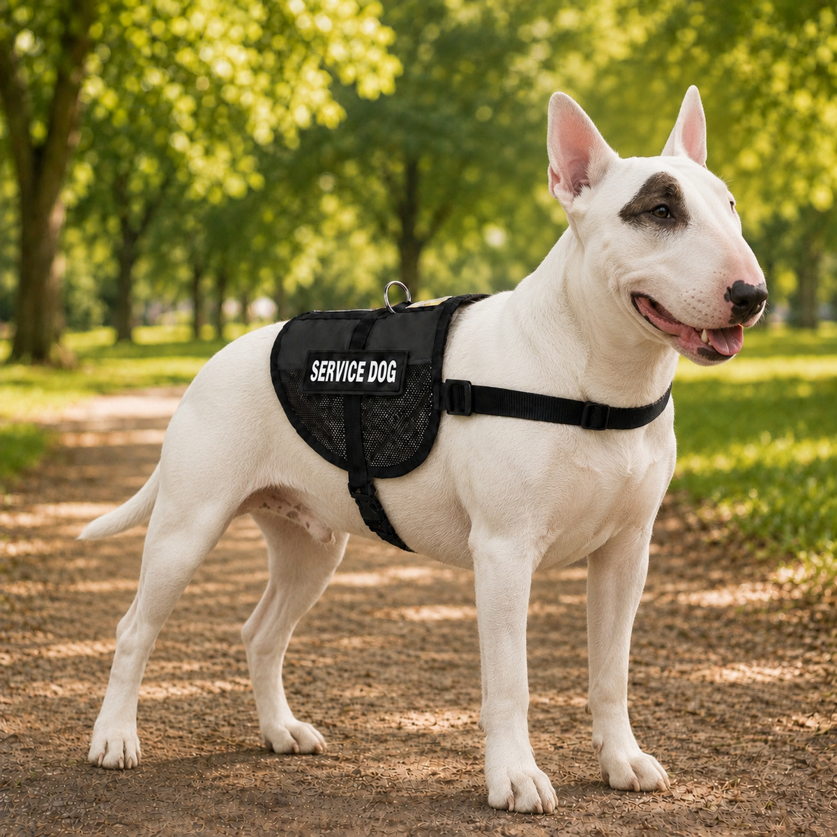 Bull Terrier wearing a black service dog vest