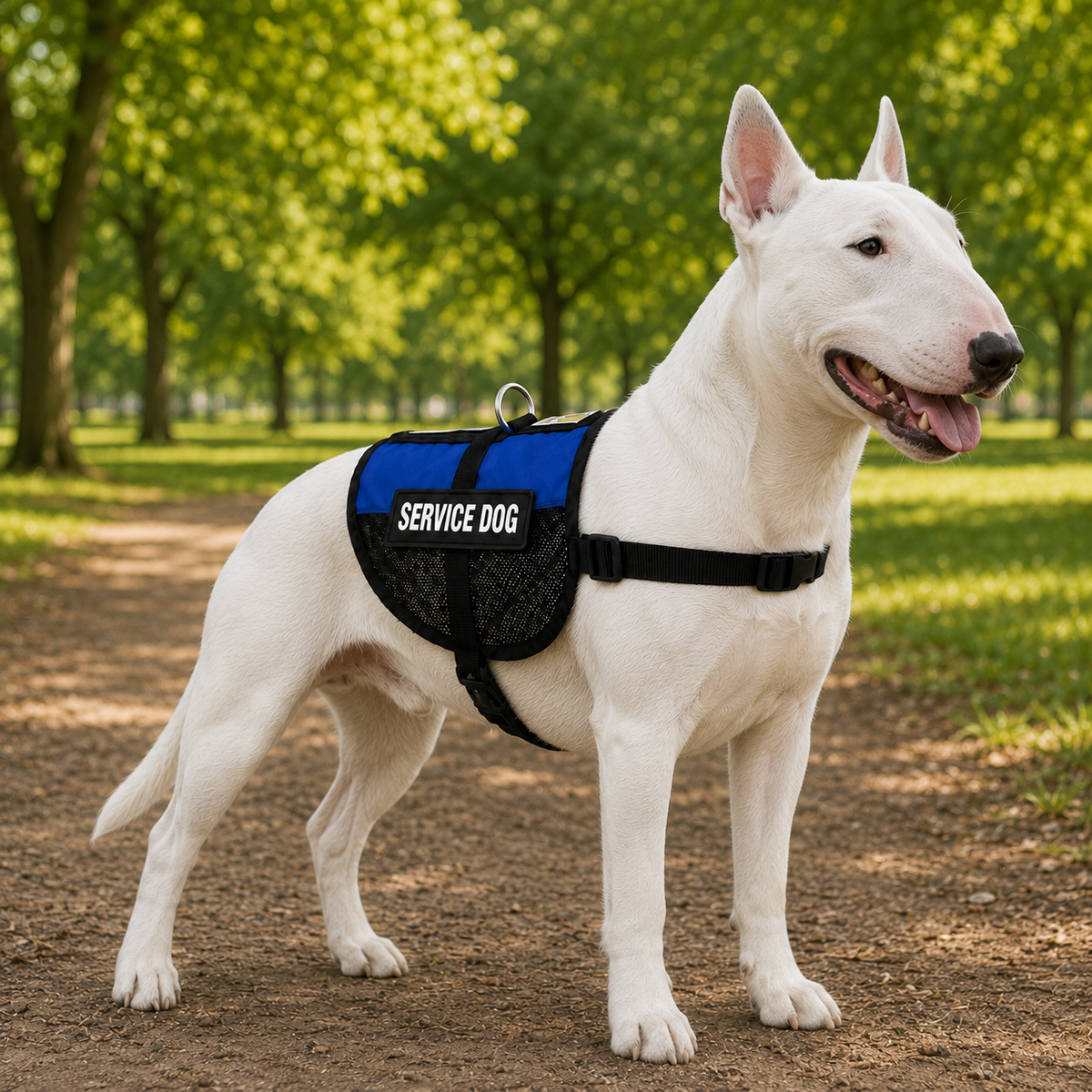 Bull Terrier wearing a blue service dog vest