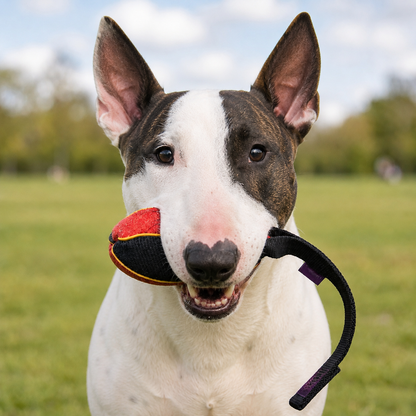 Bull Terrier with a French linen watermelon bite tug