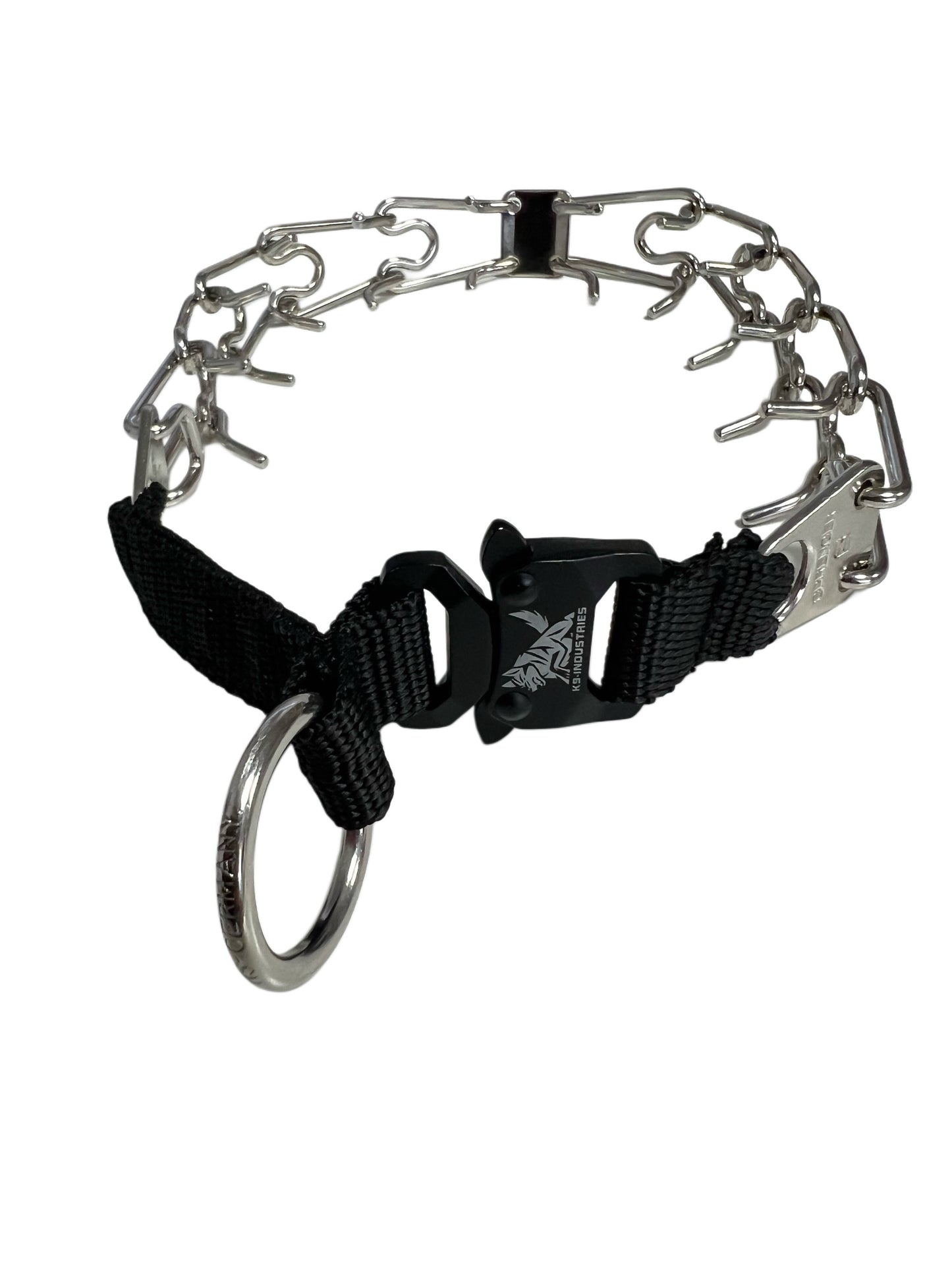 ULTRA-PLUS Training Collar with Center-Plate, Assembly Chain, and metal quick release buckle made by k9-industries - Steel nickel-Plated
