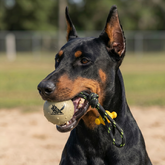Ultimate rubber training ball on a rope for Doberman