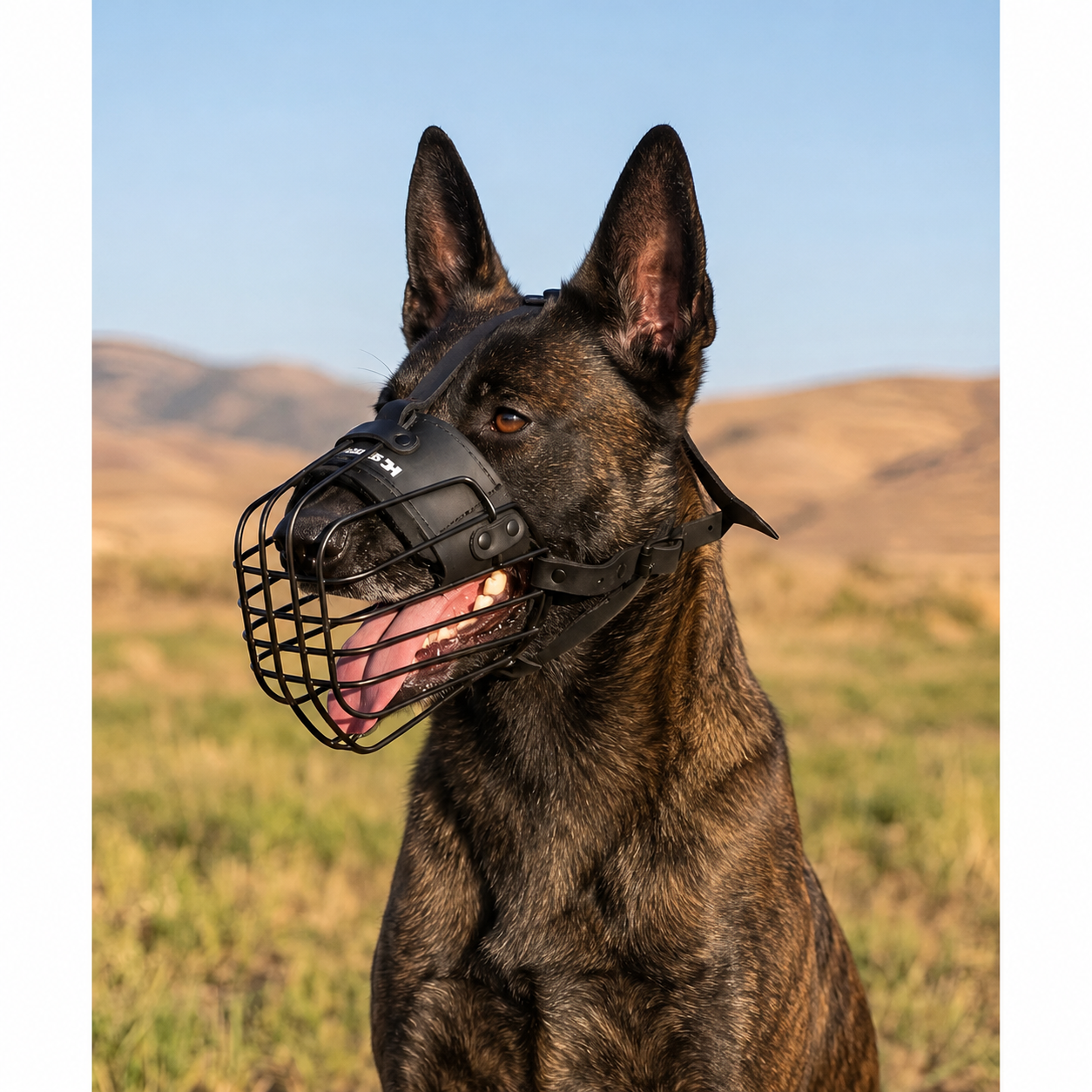 Dutch Shepherd wearing a black metal basket muzzle outdoors