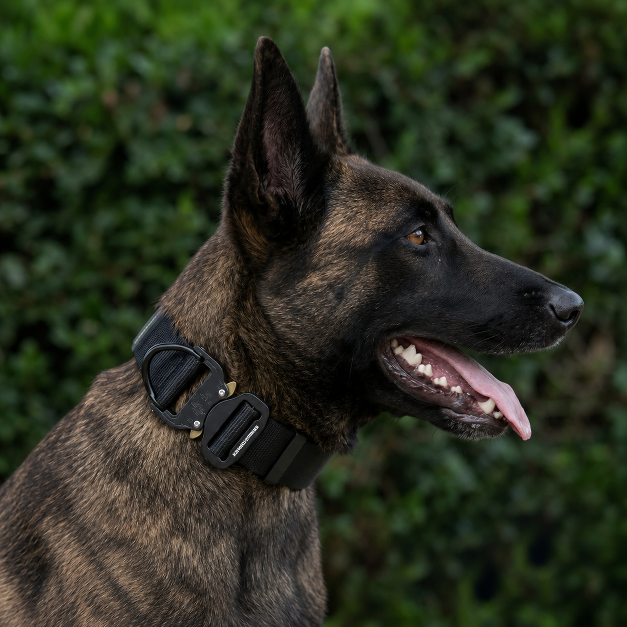 Tactical black nylon collar for a Dutch Shepherd