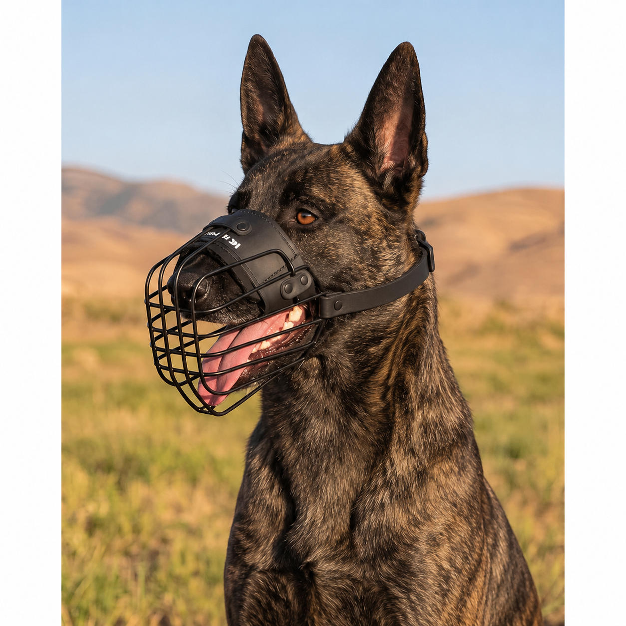 Dutch Shepherd wearing a lightweight minimalist wire muzzle outdoors
