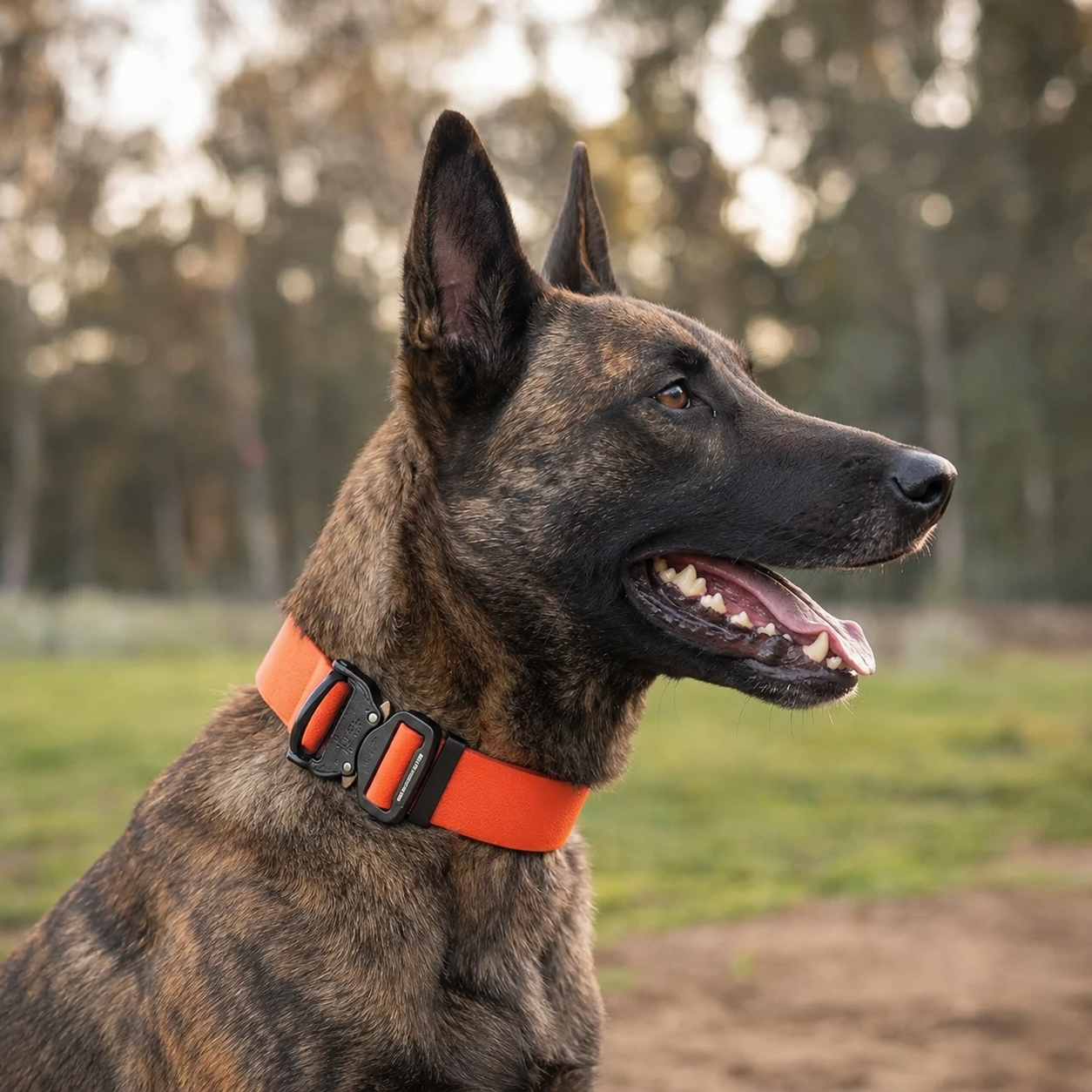 Dutch Shepherd wearing a wide orange PowerFlex tactical collar