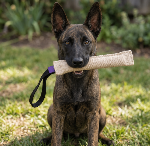 Dutch Shepherd puppy gripping a beige jute bite tug