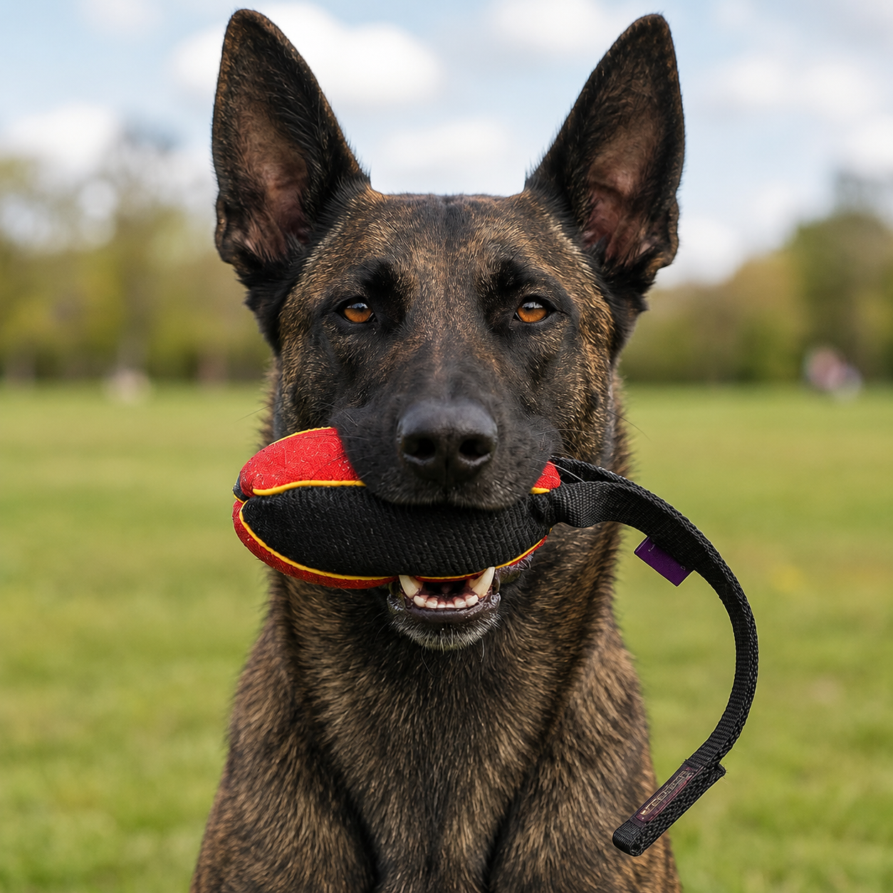 Red and black melon-shaped French linen bite tug for a Dutch Shepherd