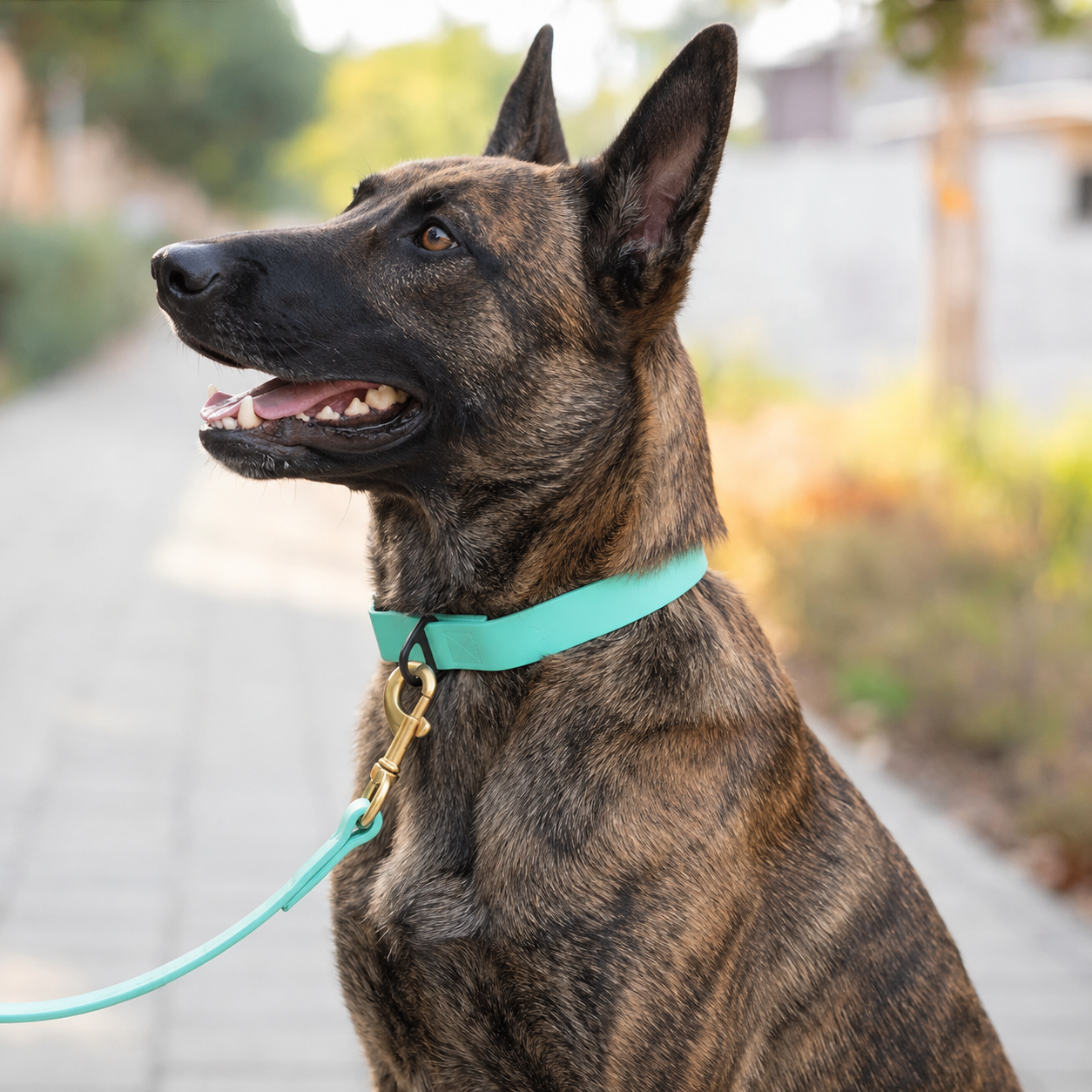 Dutch Shepherd wearing a turquoise PowerFlex collar with matching leash