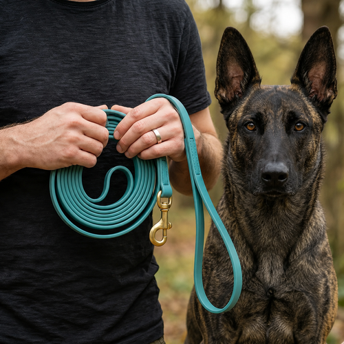 Dutch Shepherd on a long turquoise PowerFlex leash