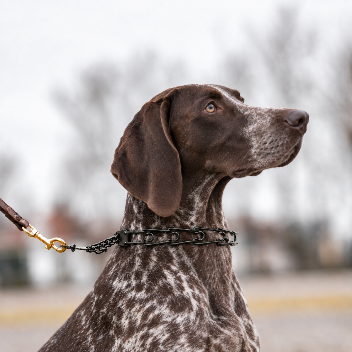 German Shorthaired Pointer wearing a blackened stainless steel Herm Sprenger prong collar