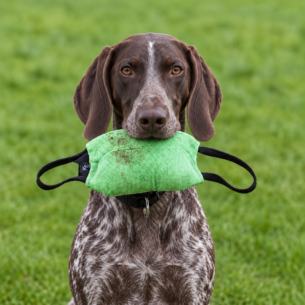 German Shorthaired Pointer with a professional bite pillow