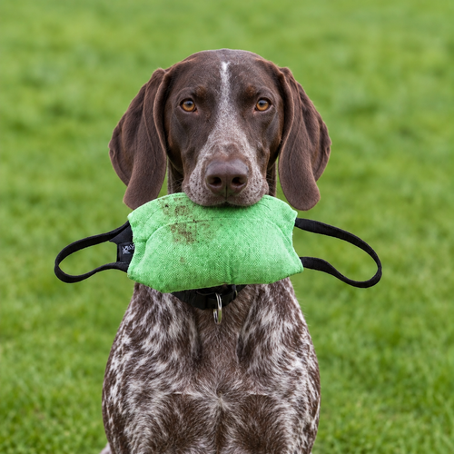 German Shorthaired Pointer with a professional bite pillow