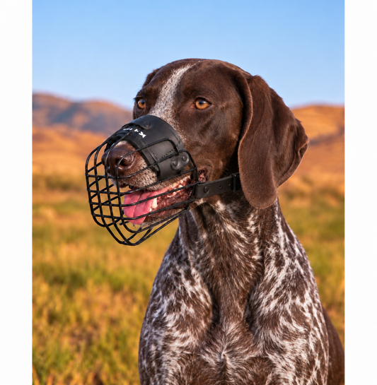 German Shorthaired Pointer wearing a lightweight Lite wire muzzle