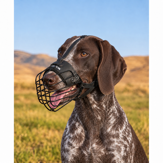 German Shorthaired Pointer wearing an advanced 3D metal wire muzzle