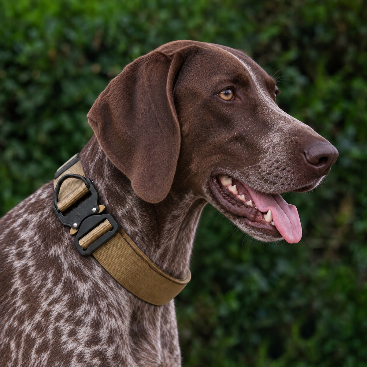 German Shorthaired Pointer wearing a coyote tan heavy-duty tactical nylon collar