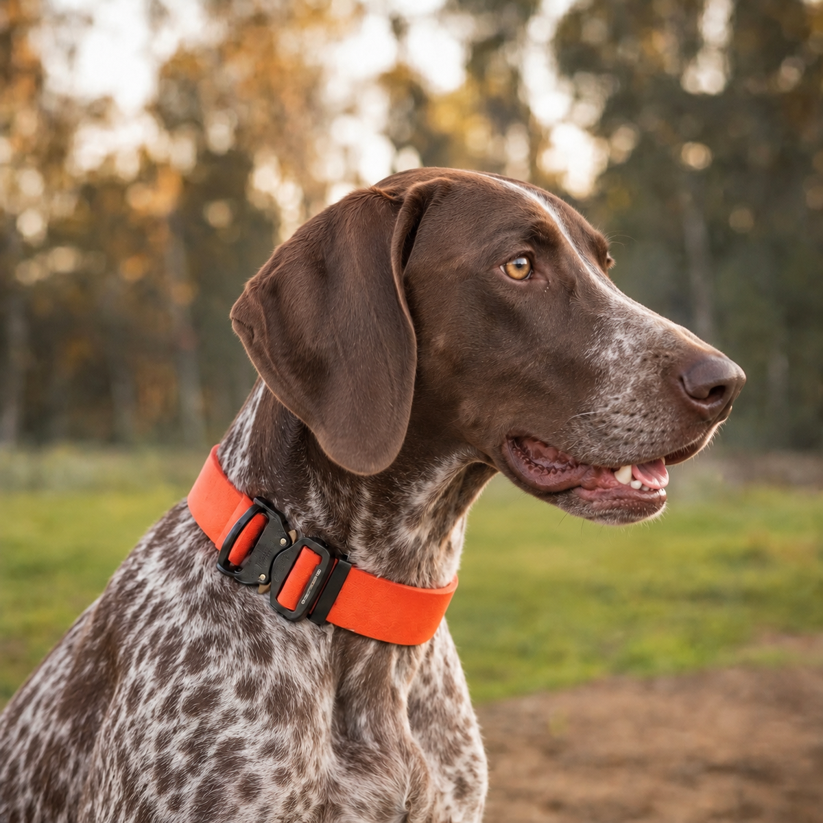 German Shorthaired Pointer wearing an orange wide PowerFlex collar with quick-release buckle