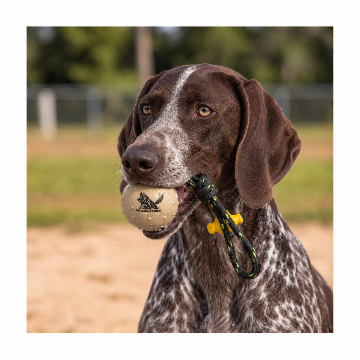 German Shorthaired Pointer with a solid rubber ball on a rope