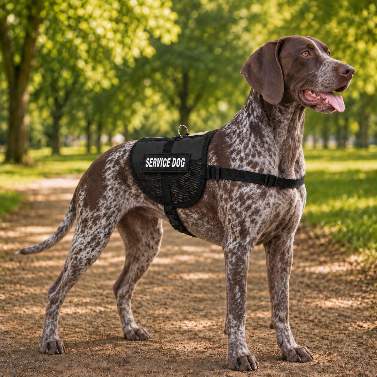 German Shorthaired Pointer wearing a black service dog vest